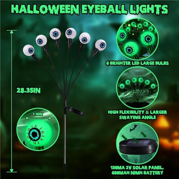 2 Pack 12 LED Solar Eyeball Lights, Halloween Decorations Firefly Lights - Picture 3 of 8